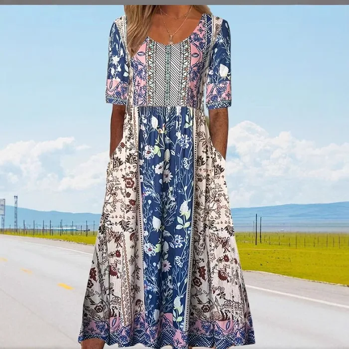 Gaun Maxi Patchwork Bunga Vintage Wanita Gaya Etnik dengan Hem Berwarna-warni, Gaun Panjang Longgar, Pakaian Liburan Bohemian