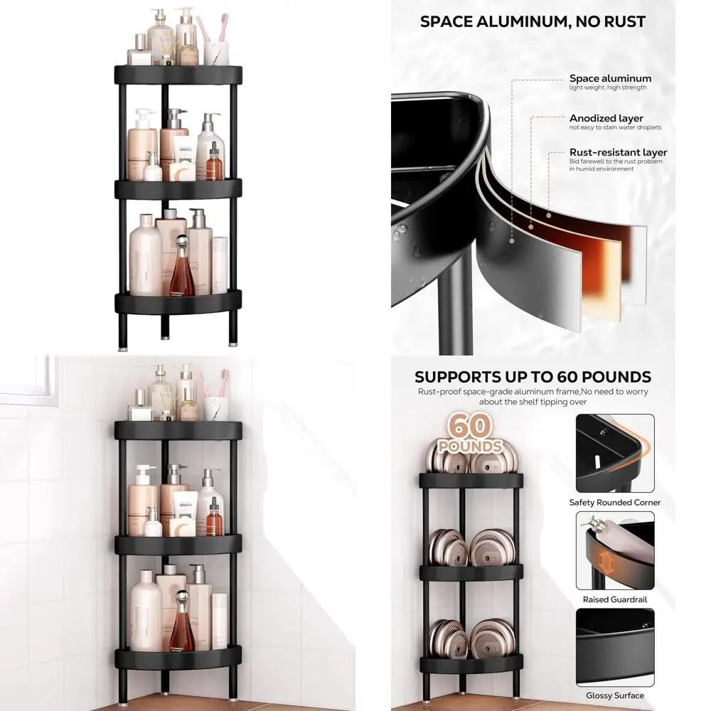 

3-Tier Corner Shower Caddy - Rustproof Aluminum, Anti-Shake, Adjustable Legs for Uneven Floors - Black