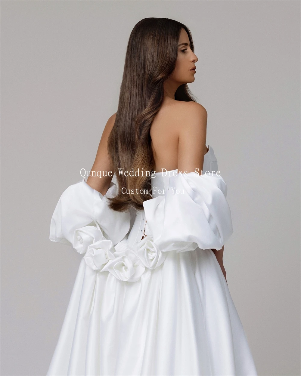 Qunque Design unico Fiori 3D Abiti da sposa Donna Modesto Raso senza spalline Vestido De Novia Abiti da sposa divisi Personalizzati