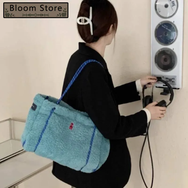 

Cute Color Block Faux Shearling Tote Women Plush Large Capacity Panel Shoulder Bags Ladies Cartoon Embroidered Underarm Bag