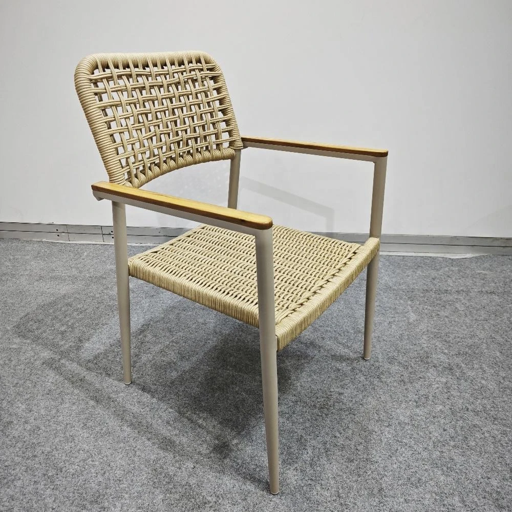 Stylish Outdoor Furniture Rope Woven Aluminum Garden Chair With Teak Wood Armrest