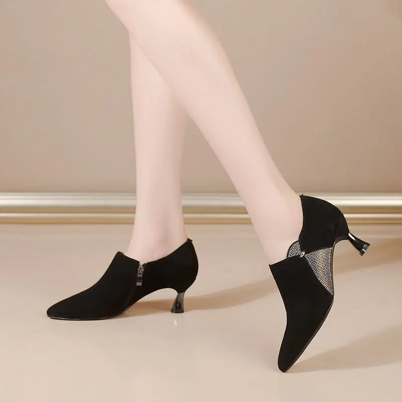 FHANCHU 2023 New Flock Mid Heels Woman,Spring/Autumn Rhinestone Shoes,Fashion Women Pumps,Pointed Toe,Side Zip,Black,Dropship