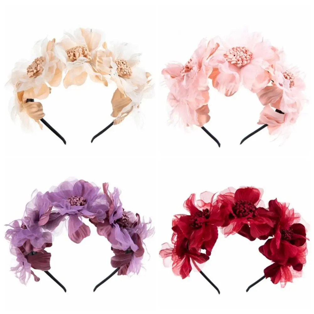 

New Mesh Curled Flower Bride Headdress Elegant Wedding Bridal Headwear Solid Color Party Hair Garland Photography Accessories
