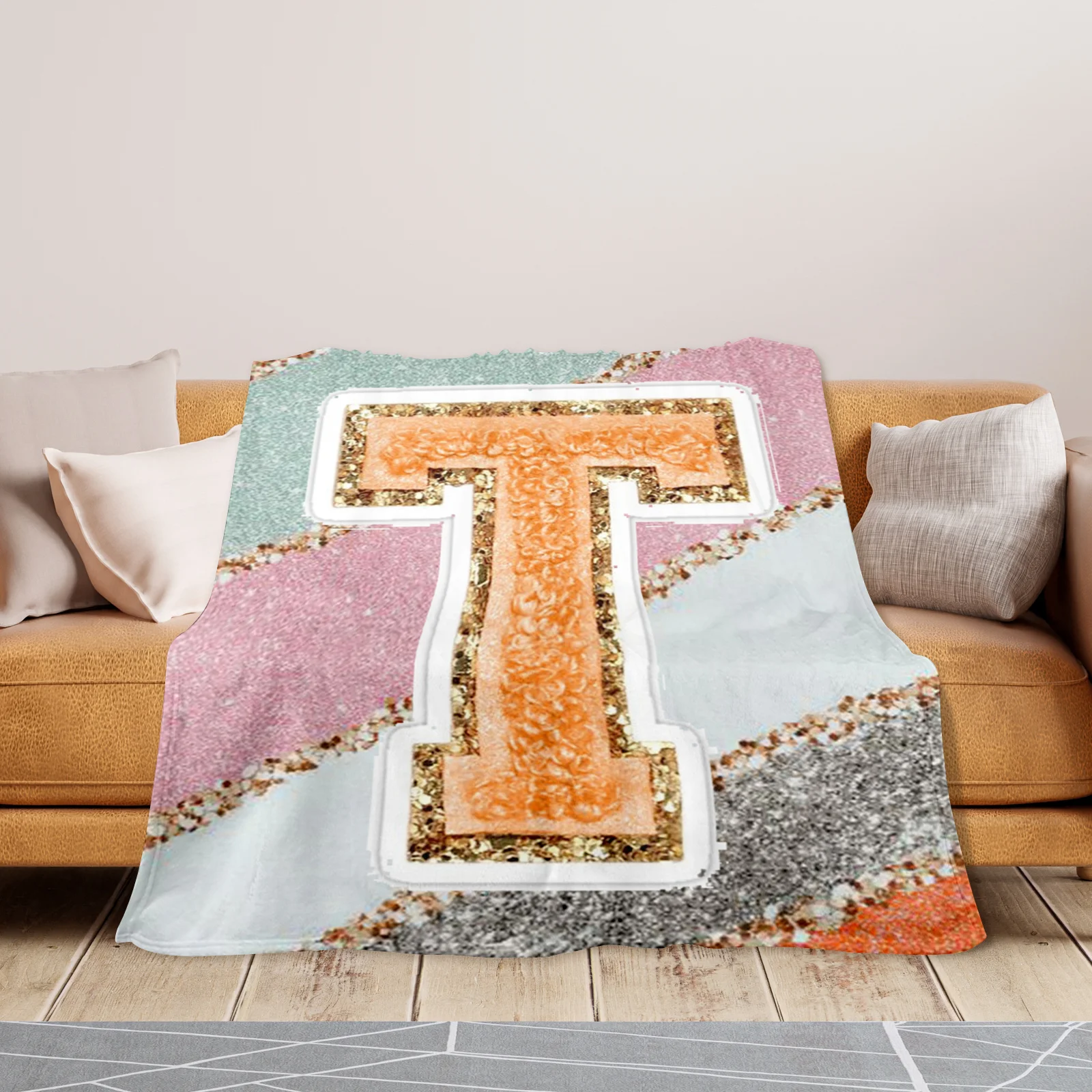Orange And Gold T Letter Chic Blanket For Stylish Home Decor With Warmth And Modern Design Aesthetic Appeal And Cozy Comfort