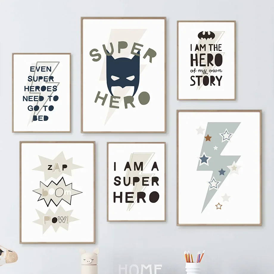 Wall Art Canvas Painting Super Boys Hero Lightning Quotes Cute Cartoon Kids Room Decor Posters And Prints Bedroom Wall Pictur