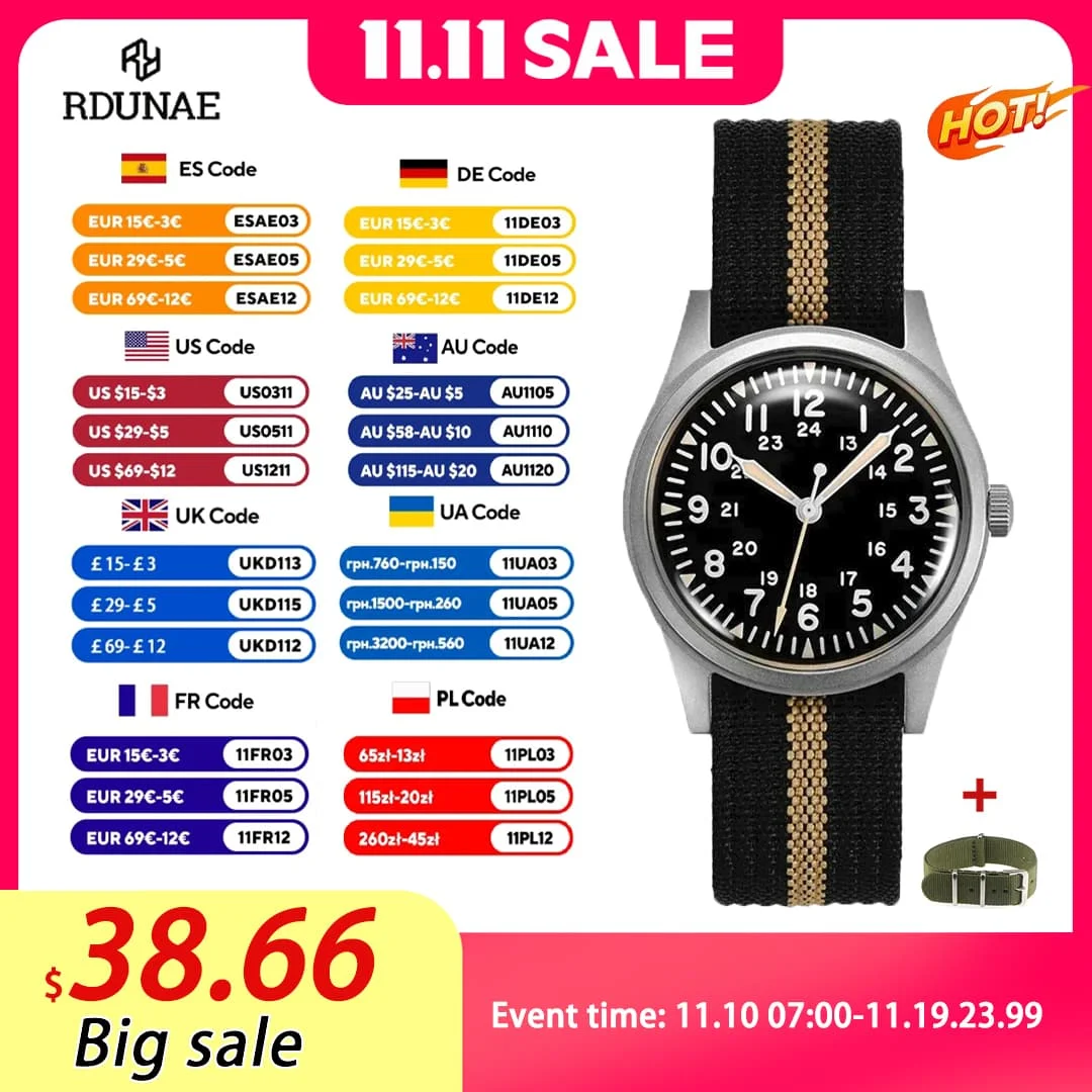 2025 novo rdunae ra03 34.5mm militar masculino vintage relógio de quartzo g10 miyota 2035 relógios k1 vidro mineral aço inoxidável relógio de pulso