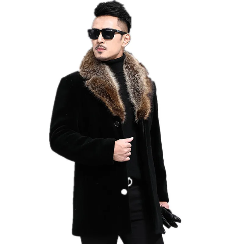 

Plus Size Autumn and Winter Woolen Coat Men's Woolen Trench Coat Contrast Color Fur Collar Coat