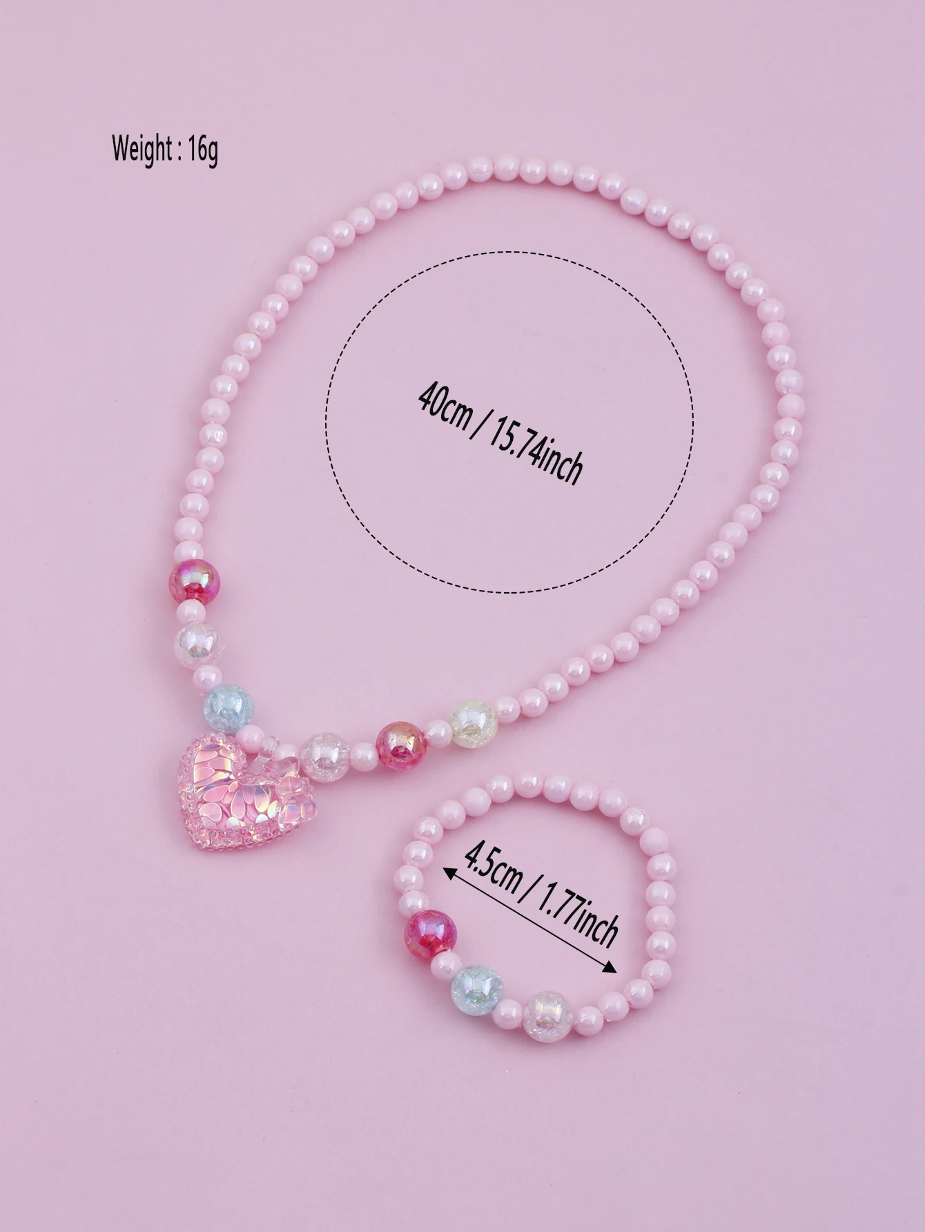 2pcs Girls heart beaded necklace and bracelet four seasons daily wear color random