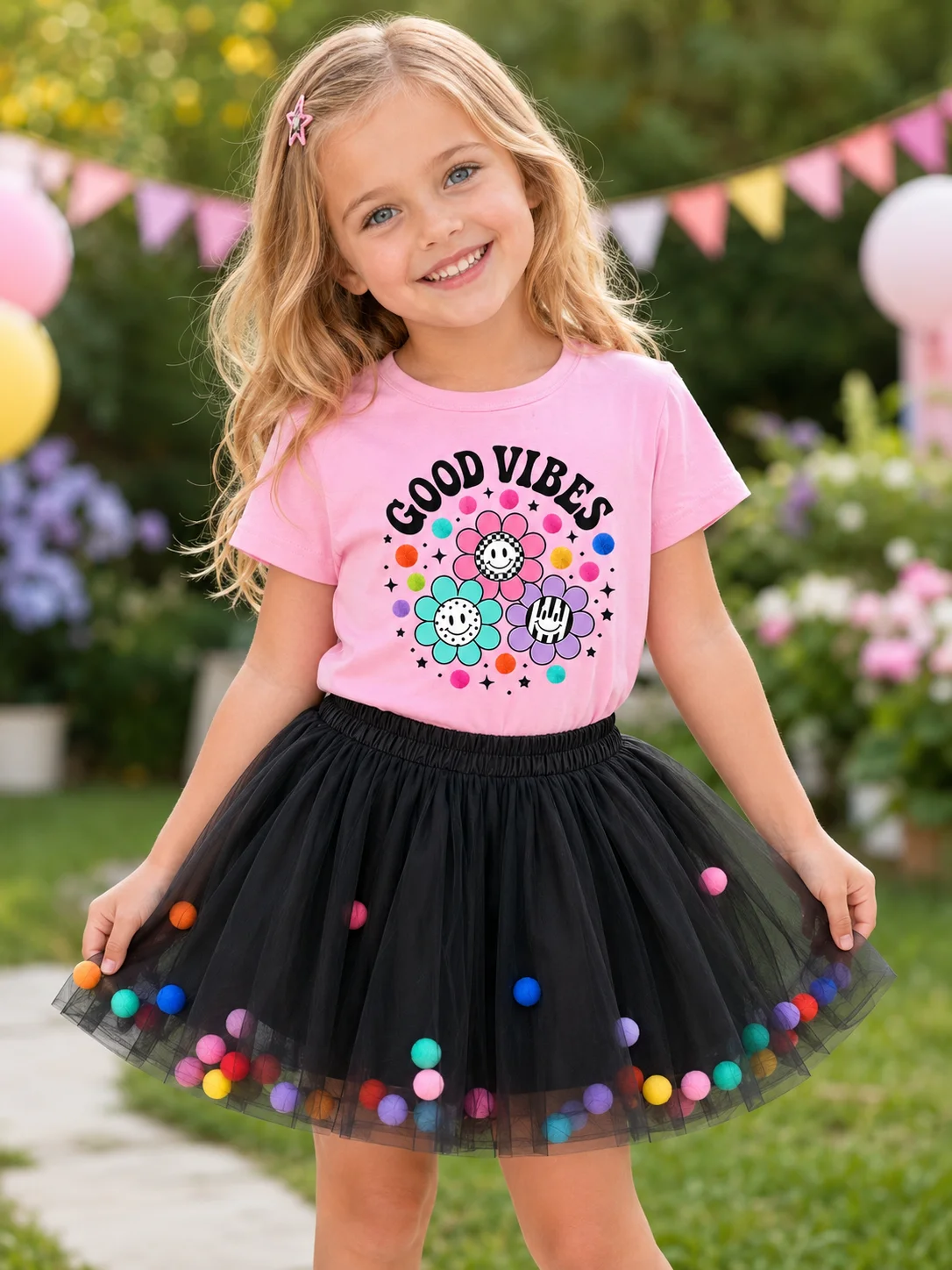 Toddler Girls Summer 2Pcs Outfit Good Vibes Smiley Flower Print Pink Short Sleeve T-Shirt Colorful Pom Pom Black Tulle Tutu Skir