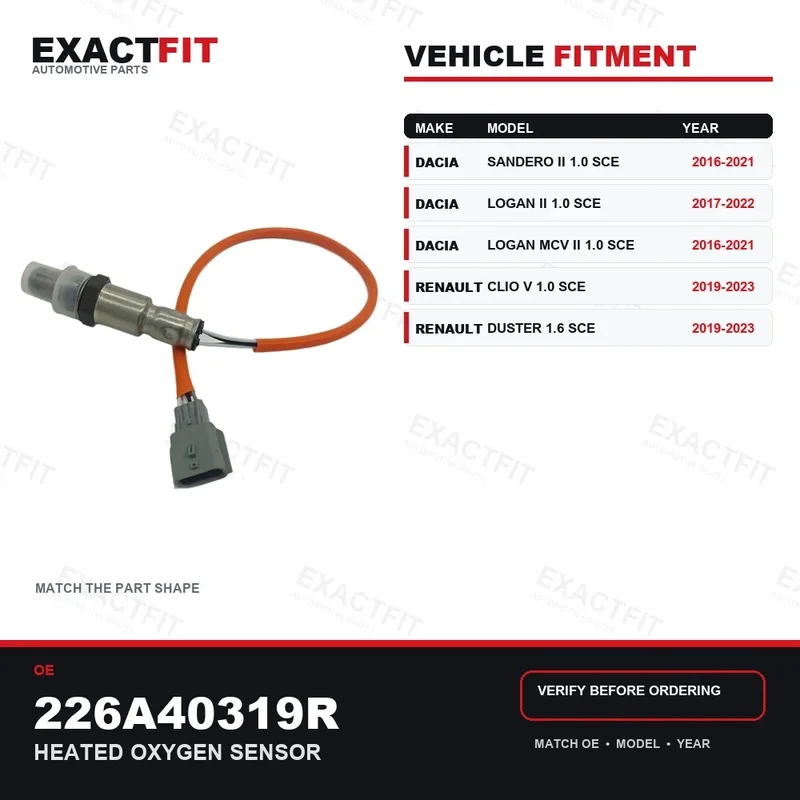 Oxygen Sensor Lambda Probe for Dacia Sandero Logan Renault Clio Duster | OE 226A40319R H8201547922 | Heated 4 Wire | 1PC