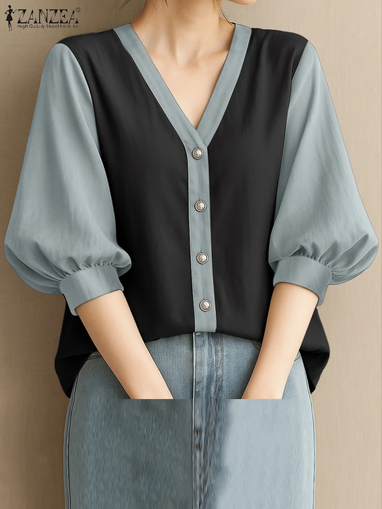 ZANZEA Camicette da donna in colore a contrasto 2025 Autunno 3/4 Manica a lanterna Scollo a V Button Up Patchwork Camicetta Casual Donna Top S-3XL