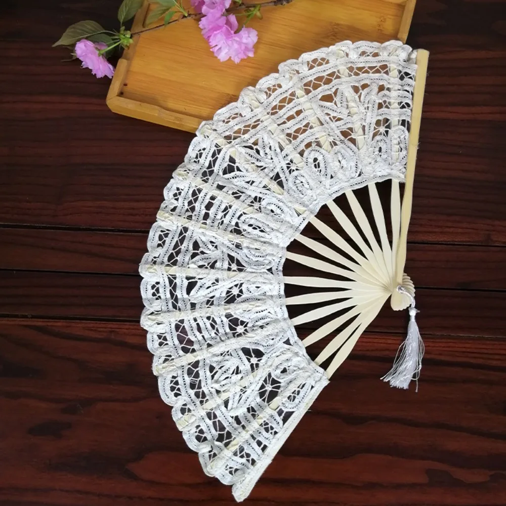 Home Decoration Bamboo Handle Vintage Lace Hand Fan European Style with Tassel Embroidered Folding Fan Hand Held Dance Fan Party