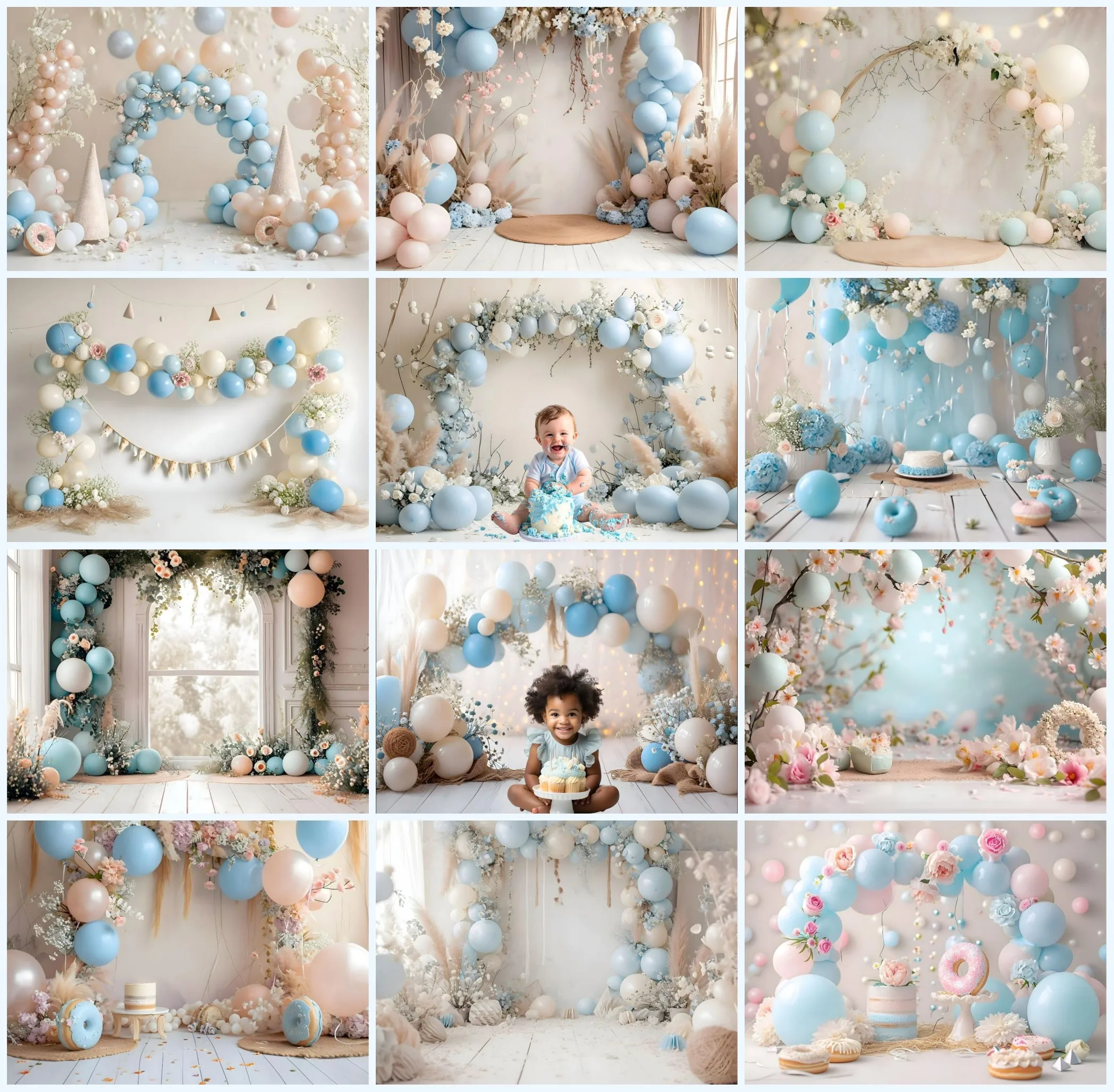 Avezano Photography Background Blue Blooms Balloons Arch Child Birthday Newborn Cake Smash Backdrop Decor Photo Studio Props