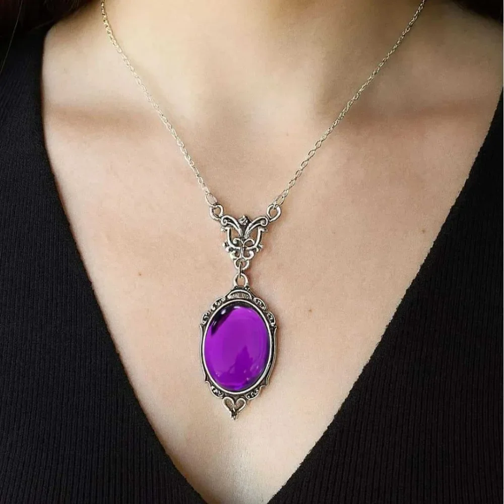 Temperament Luxury Oval Lacework Quartz Amethyst Pendant Necklace for Women Fashion Retro Victoria Witch Collar Chain Jewelry