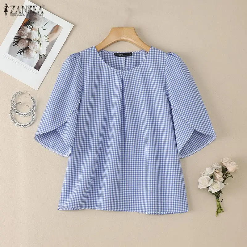 

ZANZEA женские элегантные рабочие блузки с короткими рукавами-лепестками 2026 летняя клетчатая блузка модная рубашка повседневная праздничная туника с круглым вырезом Blusas