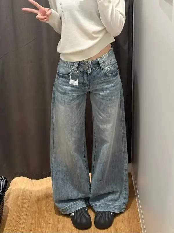 Retro Blue Texture Wide Leg Denim Jeans Women's Loose Slimming Drapey Floor-Length Pants Autumn New Style Natural Waist