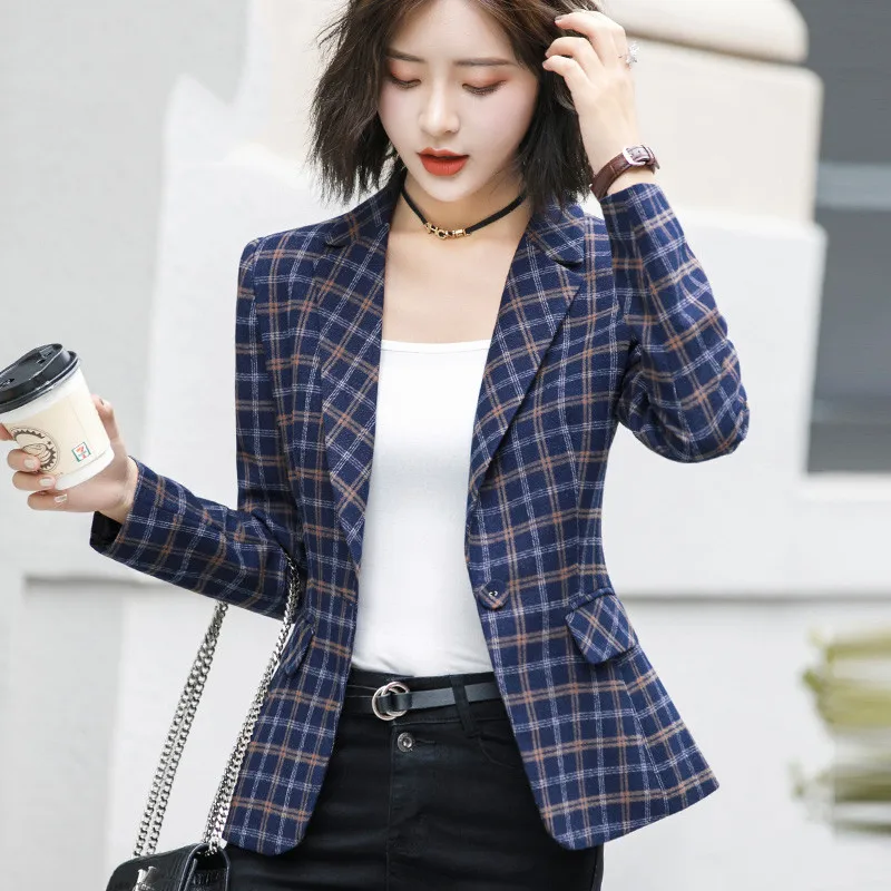

New Plaid Jacket Vintage Plaid with Pocket Office Lady Casual Style Blazer Women Wear Single Button Suits Coat JJ366