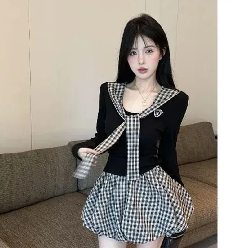 

Осенний консервативный стиль, лоскутная клетчатая плиссированная юбка с эластичной резинкой на талии, костюм из двух предметов, женские корейские футболки с v-образным вырезом и длинными рукавами, комплекты