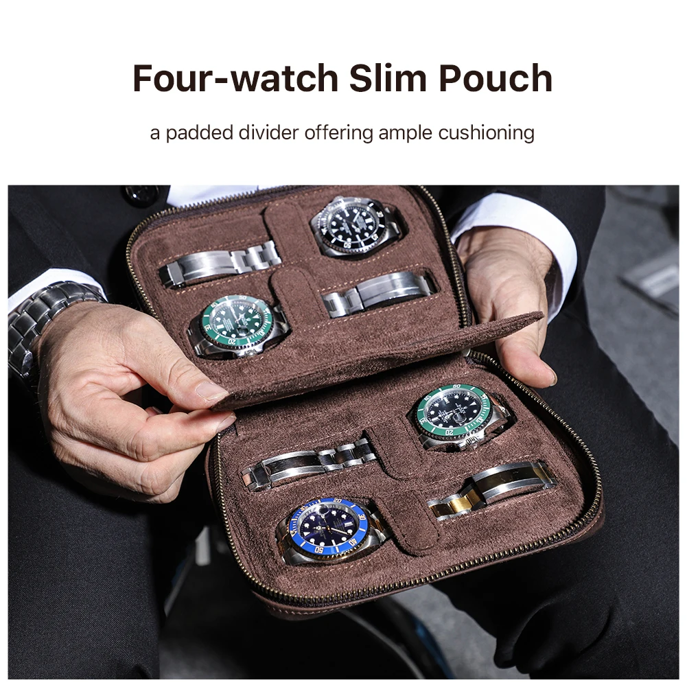 Vintage Genuine Leather Zipper Watch Storage Case 2/4/6/8 Slots Travel Portable Organizer Watches Jewelry Display Collector Box