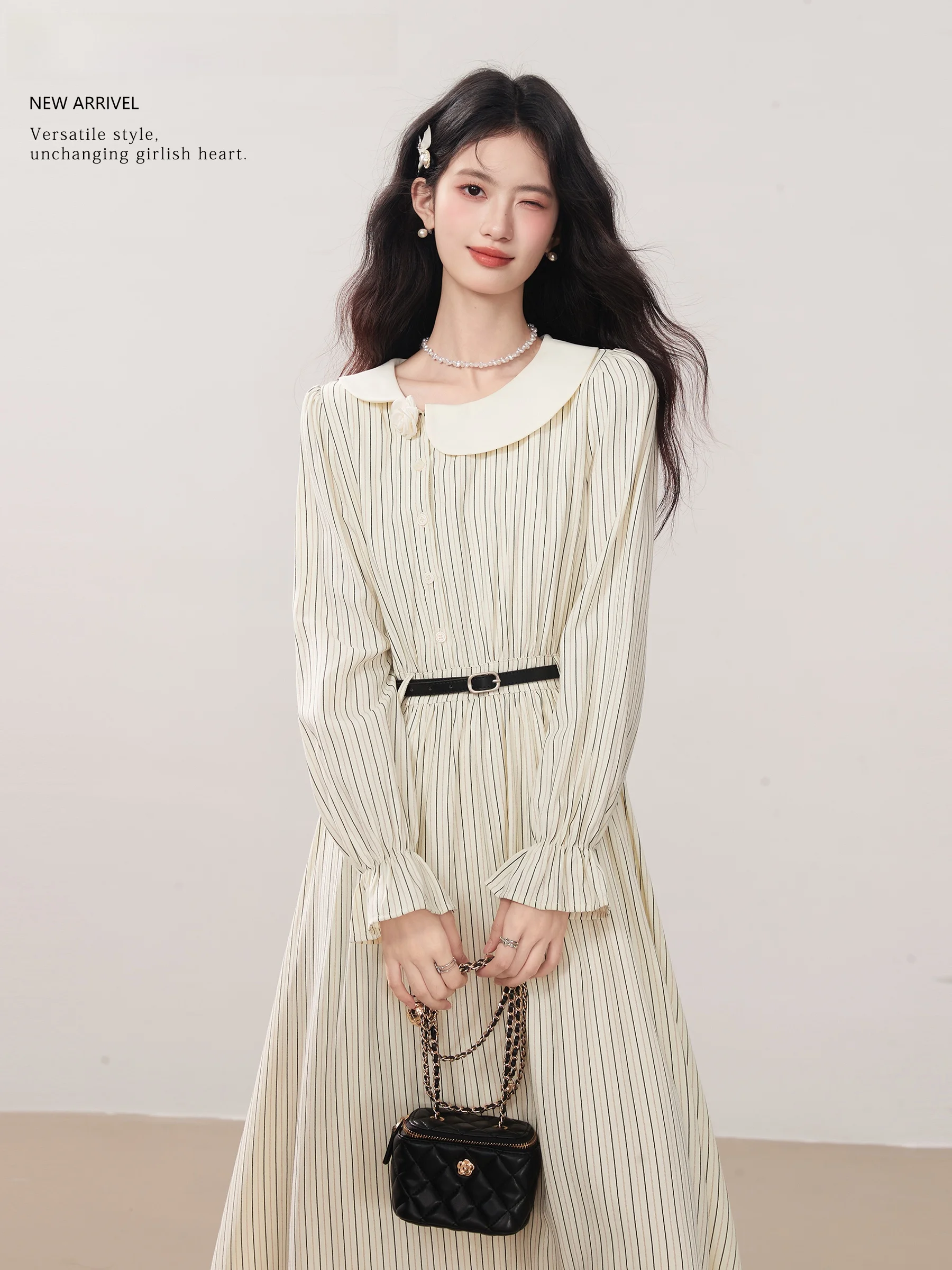 

Женское осенне-зимнее платье с длинными рукавами в стиле ретро с полосками, с завышенной талией, стройнящее, длинное, А-силуэт