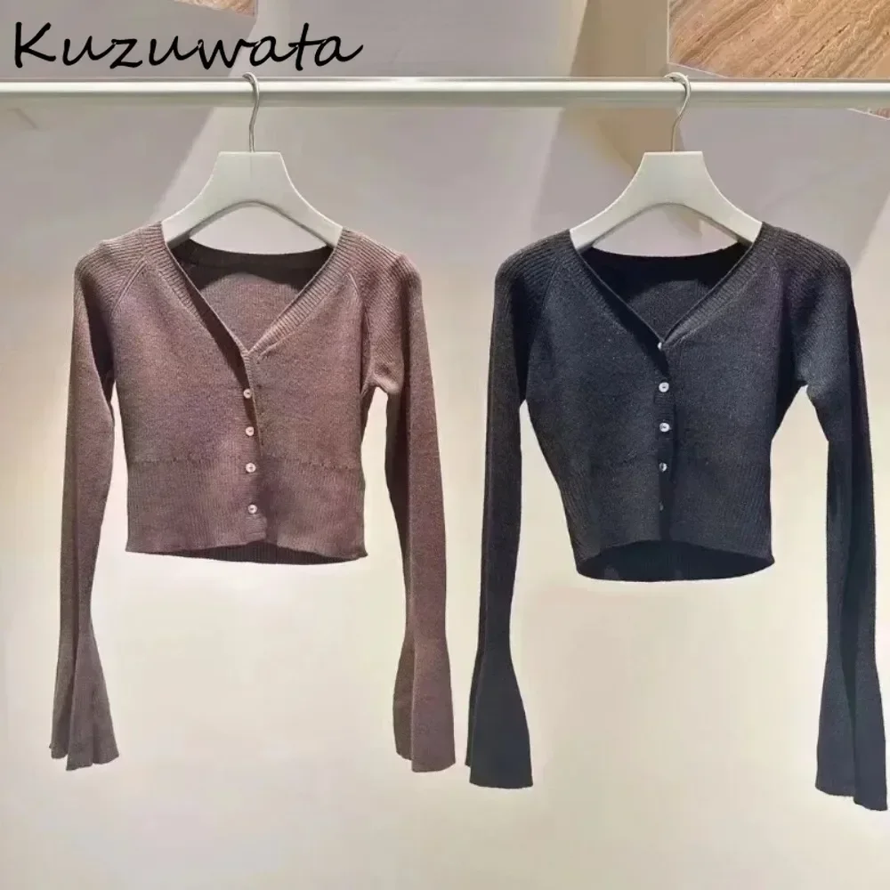 Kuzuwata New Sweet V Neck Flare Sleeve All-match Cardigan Slim Single Breasted Knit Gentle Sweaters Japan Fresh Elegant Knitted