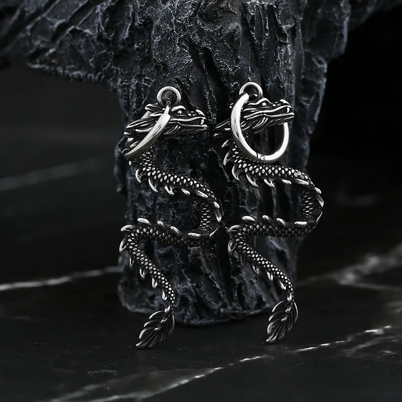 Punk Rock Eardrop 2024 New 316L Stainless Steel 3D Dragon Earring Fashion Jewelry Animal For Mn Women
