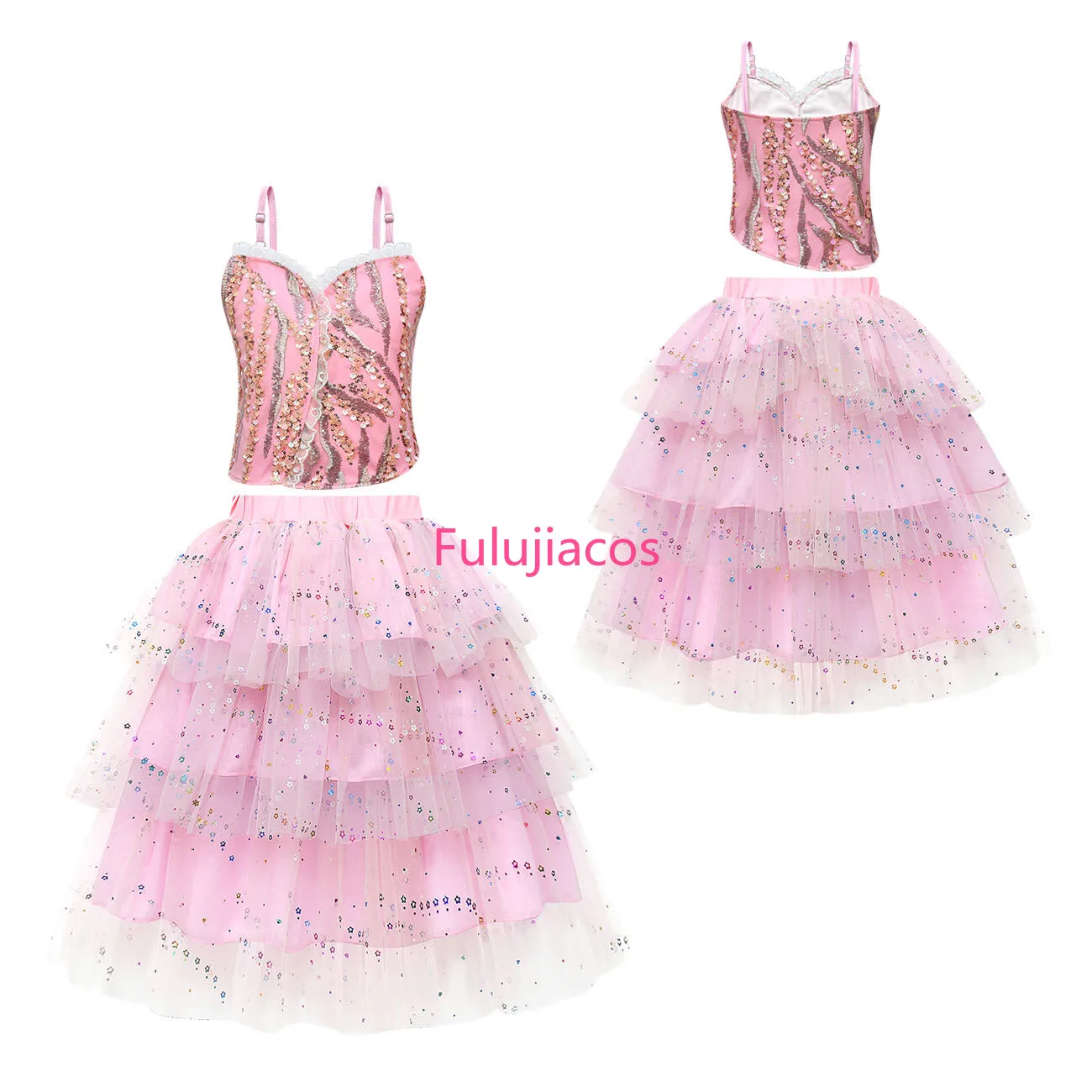 

Kids Glinda Girls Pink Dress Wizard Cosplay Costume Top Skirt