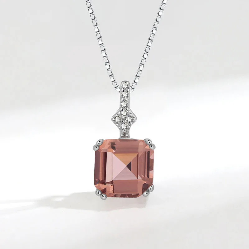 KOFSAC Shiny Zircon Geometric Square Light Brown Pendant Necklace For Women Fashion 925 Silver Wedding Party Bridal Fine Jewelry