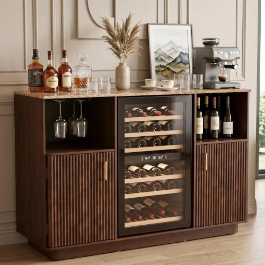 Marble Top Fluted Coffee Bar Cabinet with Mini Fridge Space