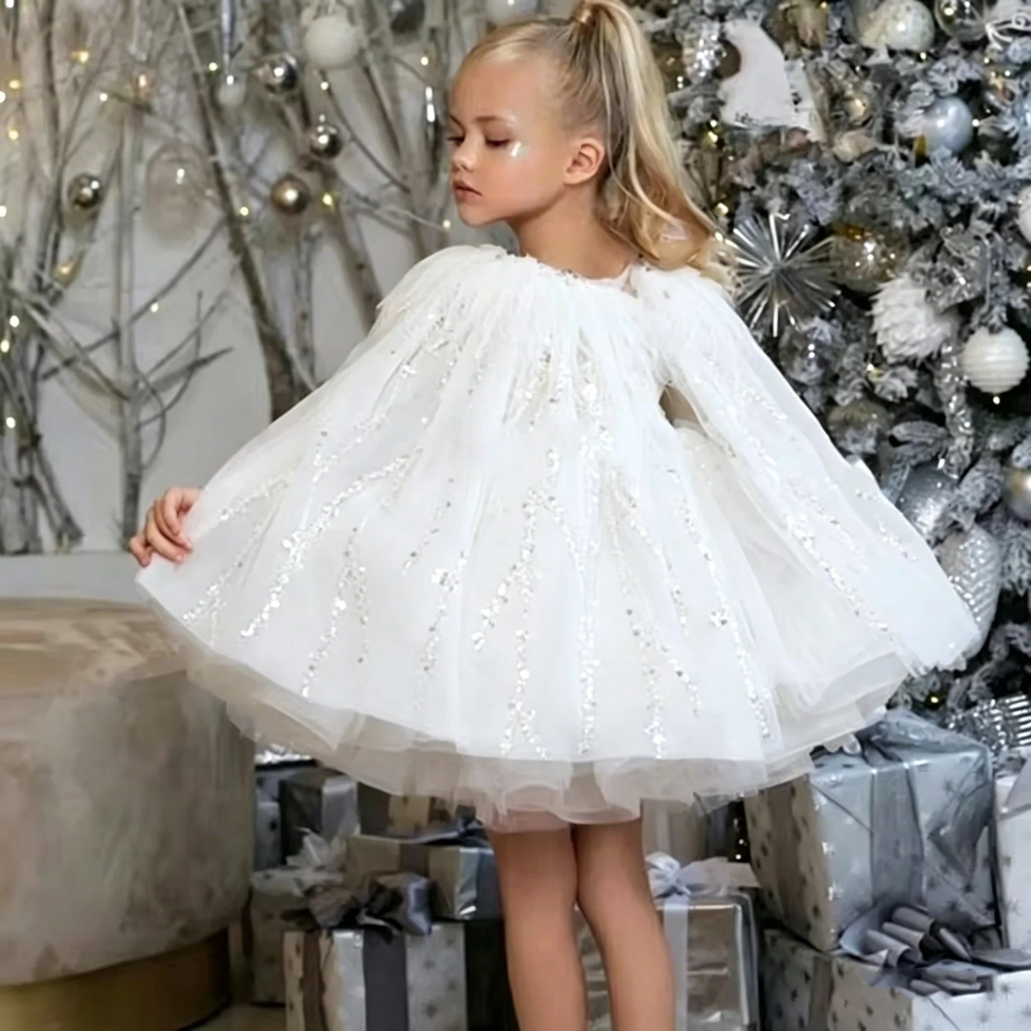 Flower Girl Dresses Pink Tulle Puffy Sequin With Bow Feather Cloak And Shoulders For Wedding Birthday Banquet Princess Gowns