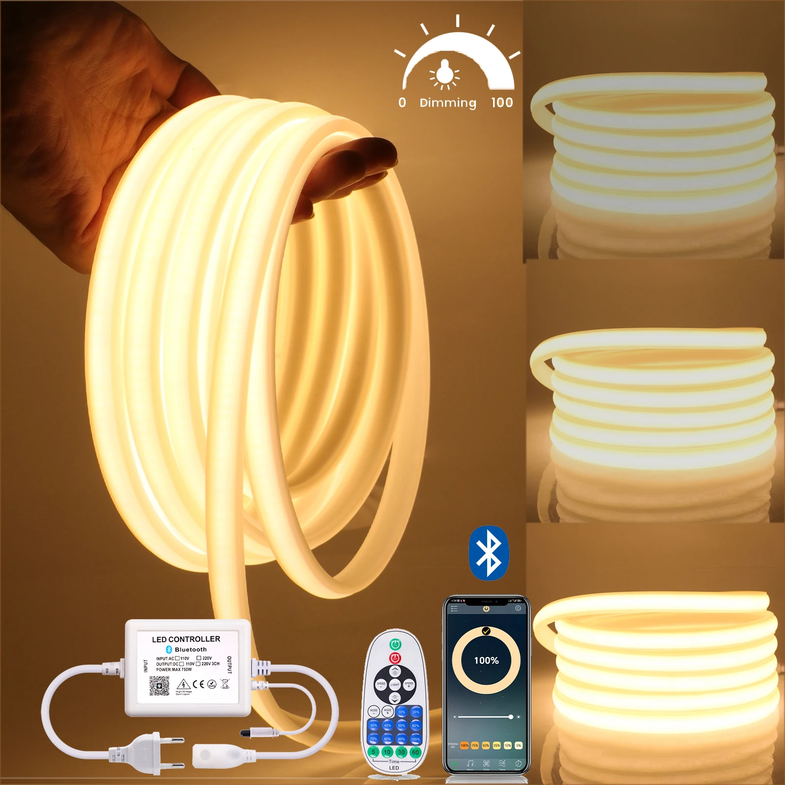 AC 220V Dimmerable COB Neon Light Bluetooth APP Control IP65 Waterproof 3000K 4000K 6000K White Flexible Ribbon Tape LED Strip