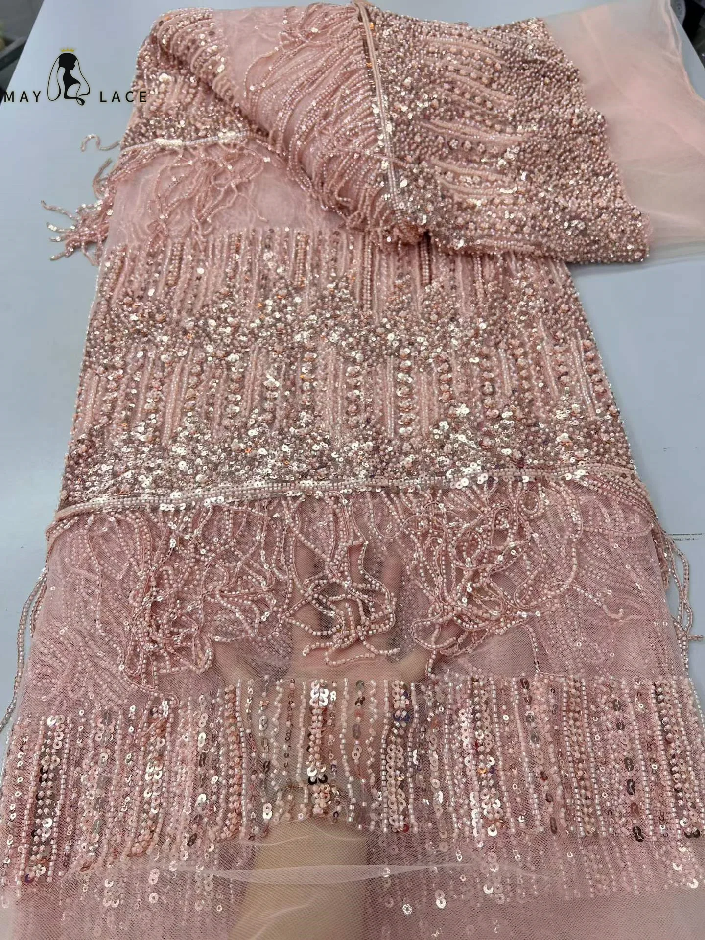 

Latest African 2026 High-end And Fashionable Tassels Sequins Tulle Lace Fabric Beaded For Women Embroidery Wedding Party Dress