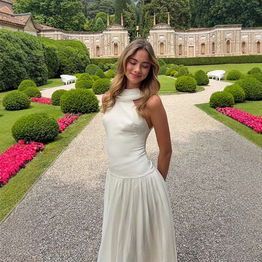 

2025 Summer New Women's Sexy European Temperament Hanging Neck Backless Dress Elegant Sleeveless Pleated Long Skirt Lady