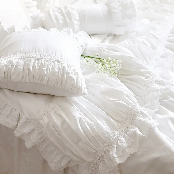 

Top Luxury White European Bedding White Ruffle Comforter cover White Bedding Holiday Bedding Lace Cotton Set Queen