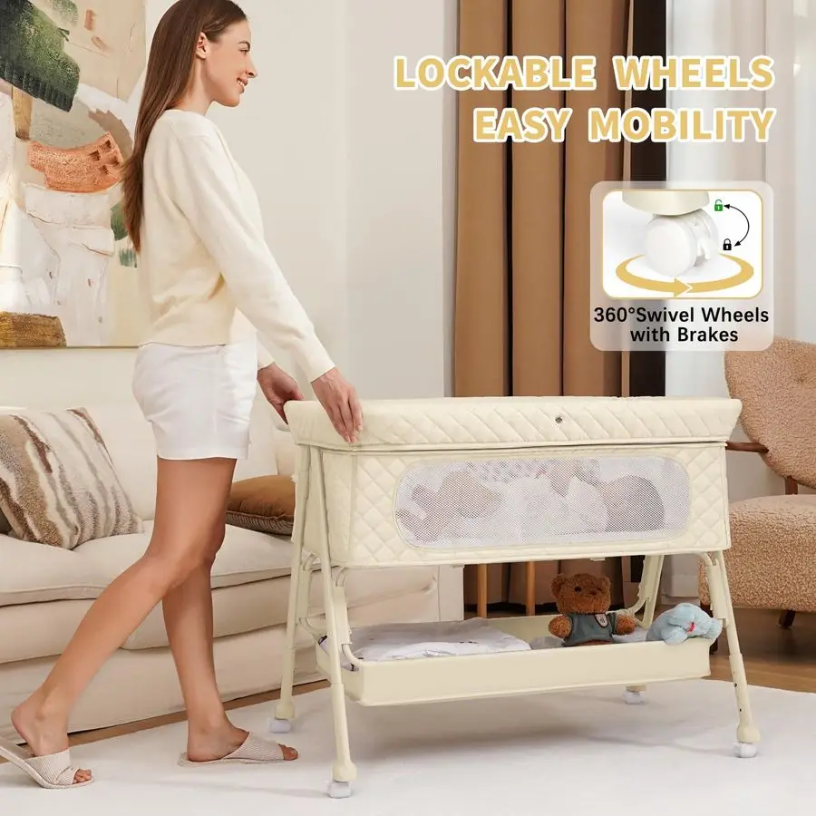 سرير لحديثي الولادة، سرير أطفال بجانب السرير مع مرتبة شبكية قابلة للتنفس، سرير سهل الحركة لحديثي الولادة مع غطاء قابل للقفل #4