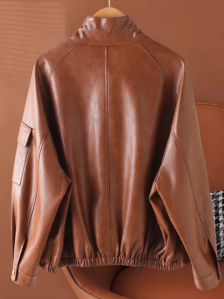 New Women Casual Loose Split Leather Jacket Spring Autumn Fashion Stand Collar Raglan Sleeve Drawstring Hem Daily Leather Jacket