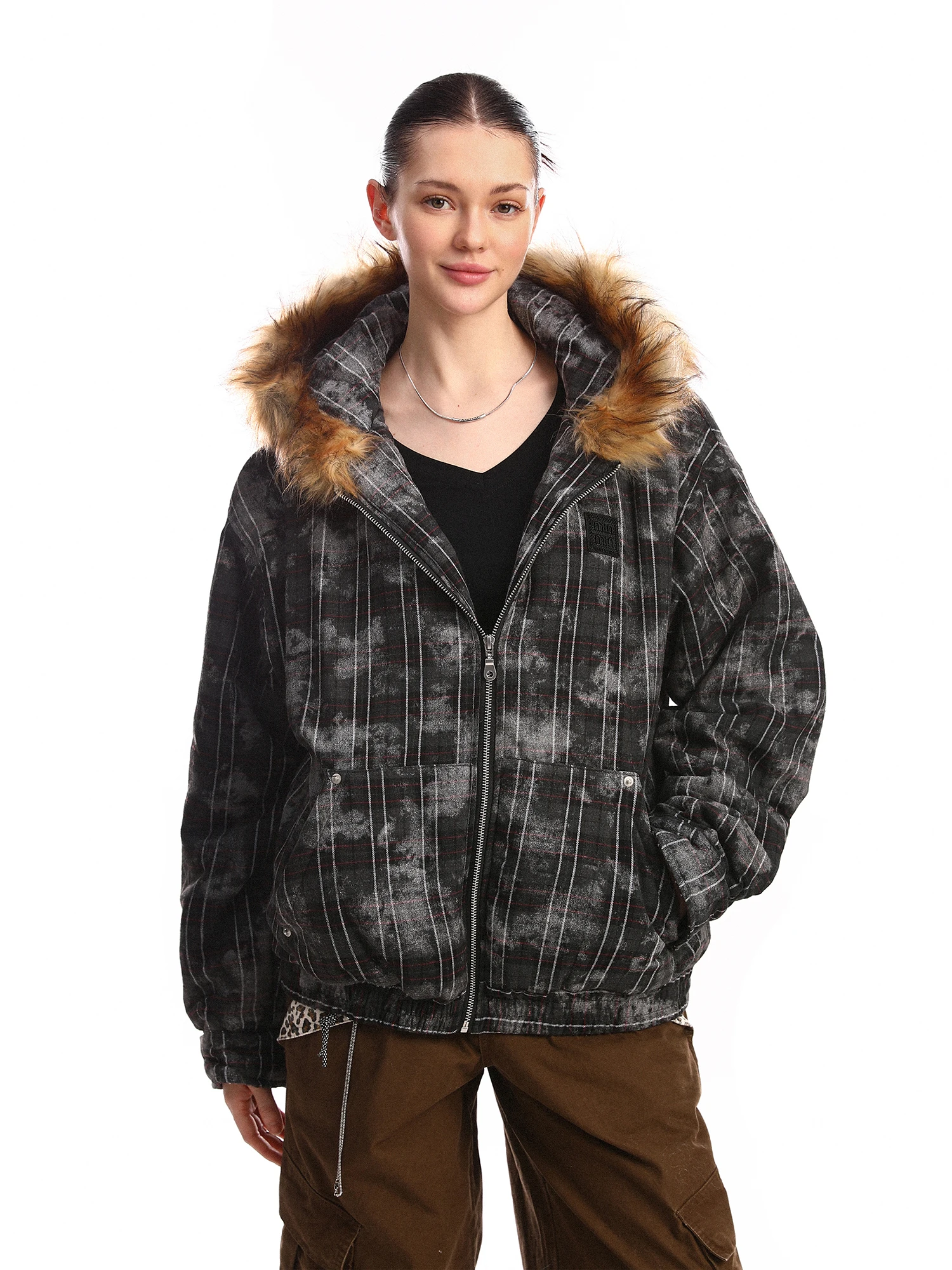 

Thiened, окрашенное в американскую клетку, хлопковое джато с капюшоном, женское зимнее теплое свободное пуховое пальто с меховым воротником, застежкой-молнией