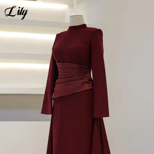 Imagen 2 del producto Lily Borgoña-vestidos de graduación elegantes, cuello alto, mangas largas, vestidos de noche de sirena, vestidos formales musulmanes de satén, personalizados de Dubái