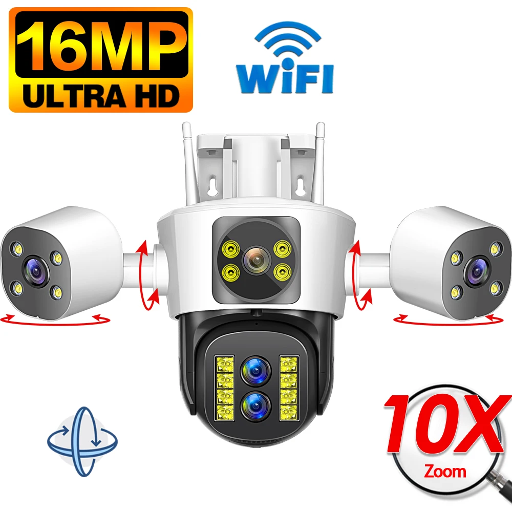 

WIFI Security Camera Outdoor 16MP Three Screens Wireless CCTV 360° PTZ 10X Zoom Smart Home Surveillance IP Cameras Auto Tracking