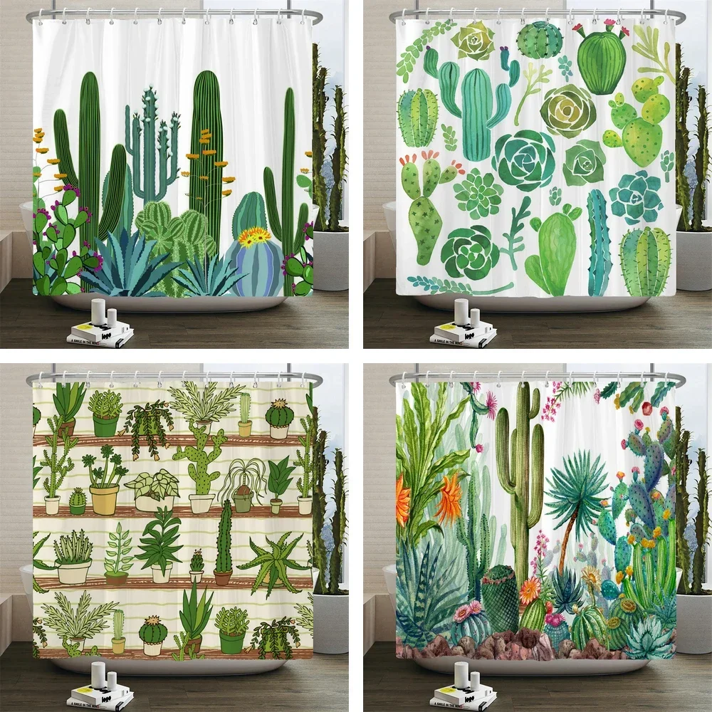 Cactus Shower Curtains Waterproof Polyester Fabric Shower Curtains Tropical Plants Bathroom Screen Curtain Home Decor 180X180cm