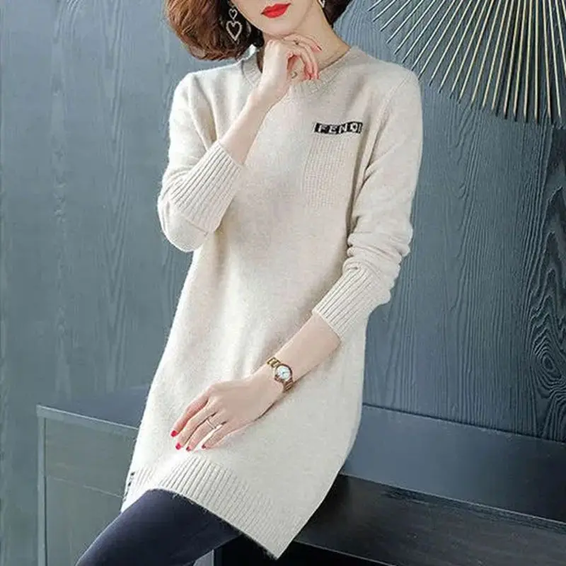 2022 Autumn Winter Korean Elegant Letters Knitted Sweater Women Casual O Neck Long Sleeve Loose Pullovers Tunic Basic Top Female