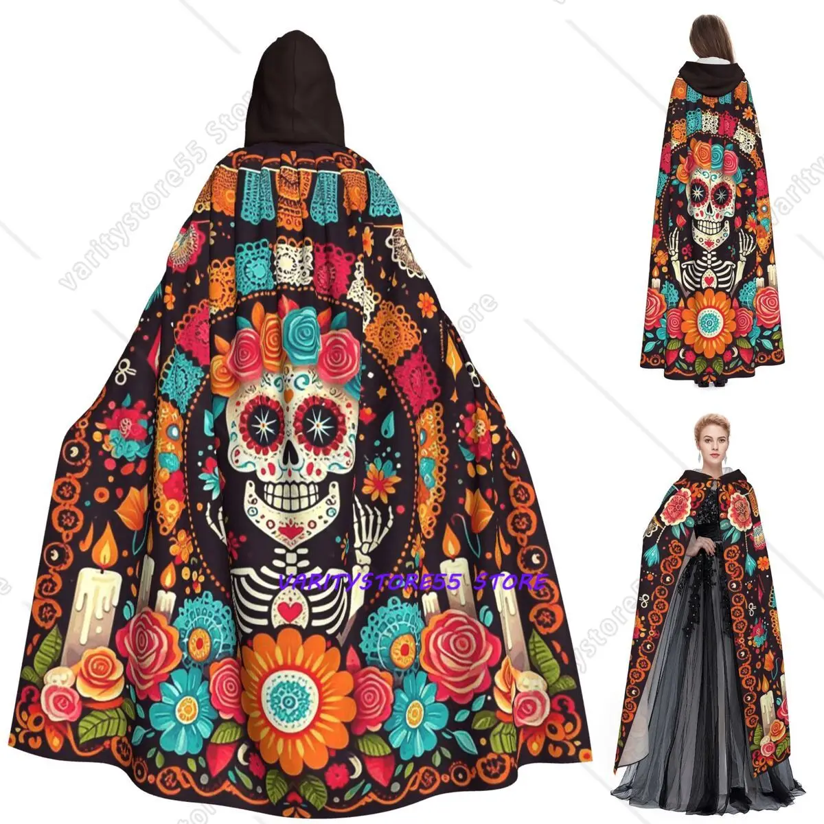 Mexikanischer Totenkopf Calavera Illustration Langer Kapuzenumhang Hexen Mittelalterliches Kostüm Cosplay Cape Halloween Vampir Erwachsene Unisex