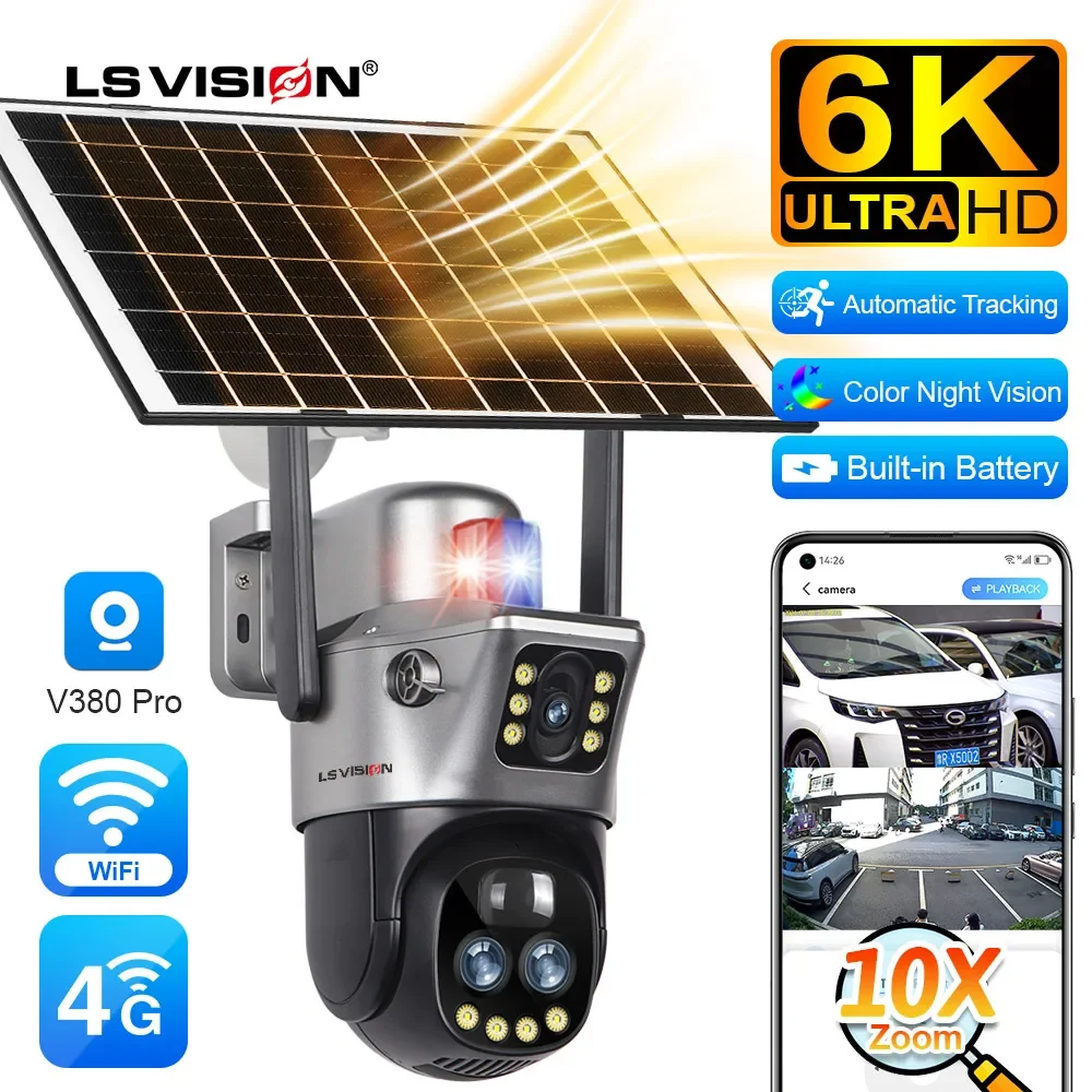 LS VISION 12MP Dual Screen 4G Solar Camera 10X Zoom Outdoor 6K WiFi PTZ Red Blue Light Alarm Auto Tracking CCTV Cameras V380 Pro