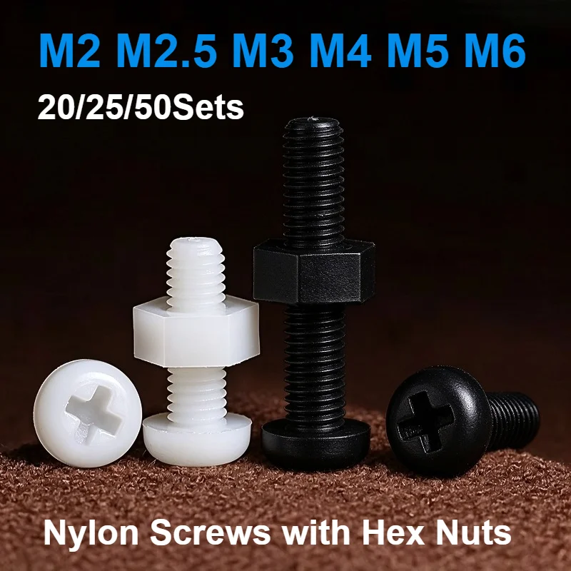 Nylon Phillips Pan Head Screws with Hex Nuts, Plastic Insulated Cross Round Bolts Set M2 M2.5 M3 M4 M5 M6 Black White