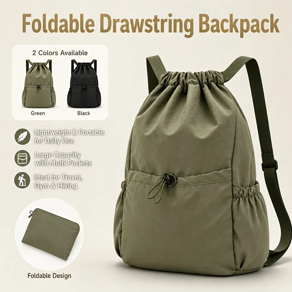 Multi Functional Drawstring Sackpack For Women Foldable Space Saving Sports Backpack Multi Pocket Outdoor Hiking Travel Book Bag
