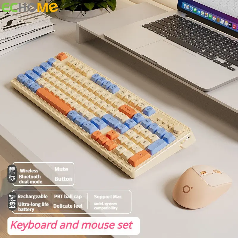 

ECHOME Wireless Keyboard and Mouse 98key Cream Mechanical Feel Silent Office Mouse Set Girl Keyboard and Mouse for Laptop Ipad