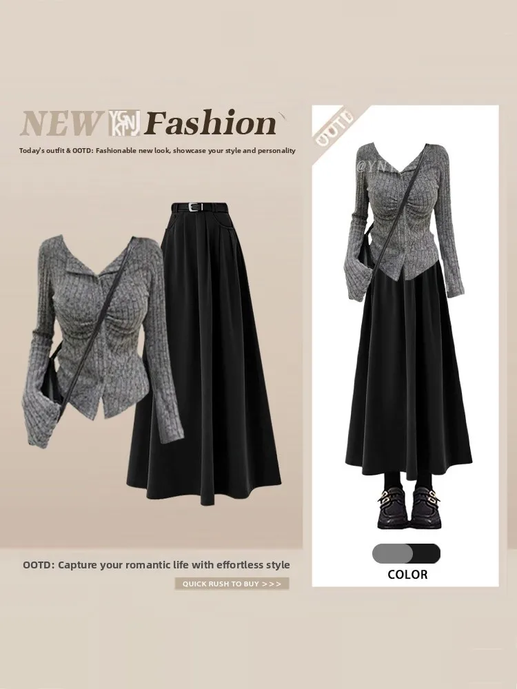 

Faionable Slimming A-Line Skirt Set Women's Spring ort Folded Waist-Cinching Top And f-length Skirt Ensemble