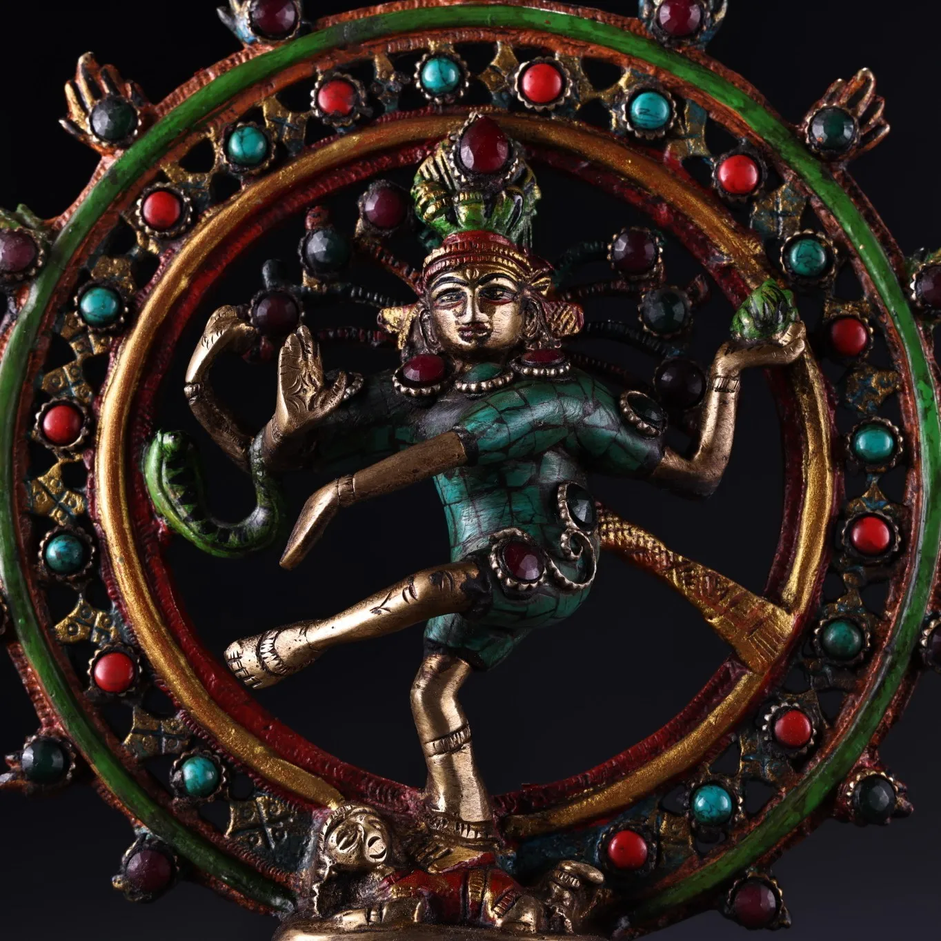 Bronze Outline in gold Painted Mosaic Gem Turquoise Parvati Goddess Buddha
