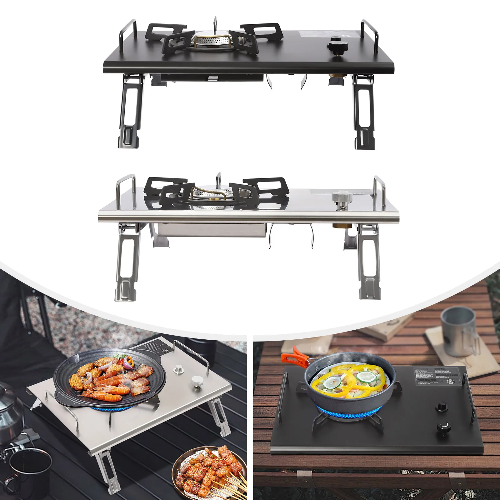 

Portable Gas Stove Folding Camping Stove 4000W Stainless Steel Electronic Ignition for Hiking Picnic, Black/Silver