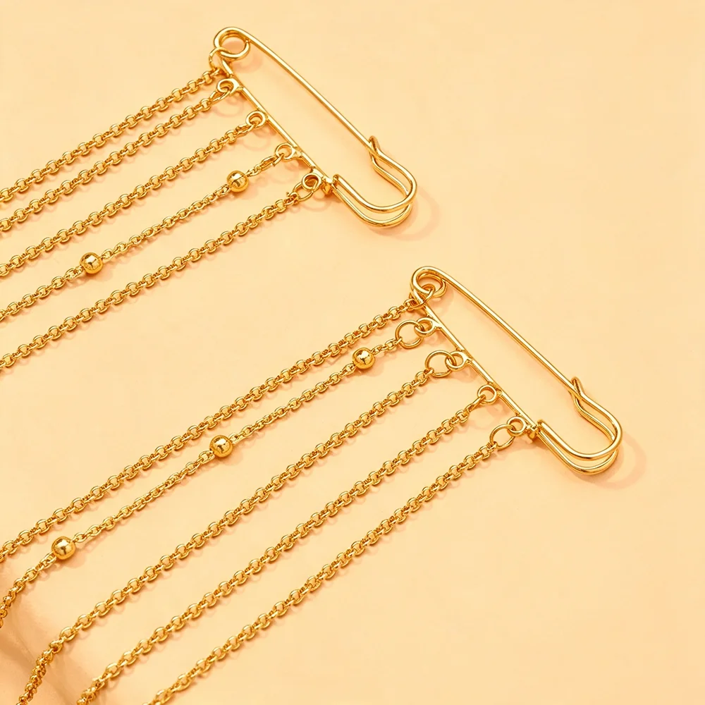 Layered Chain Brooch Gold Silver Multi Strand Draped Double Pin Shoulder Lapel Jewelry for Women Blazer Suit Party Streetwear